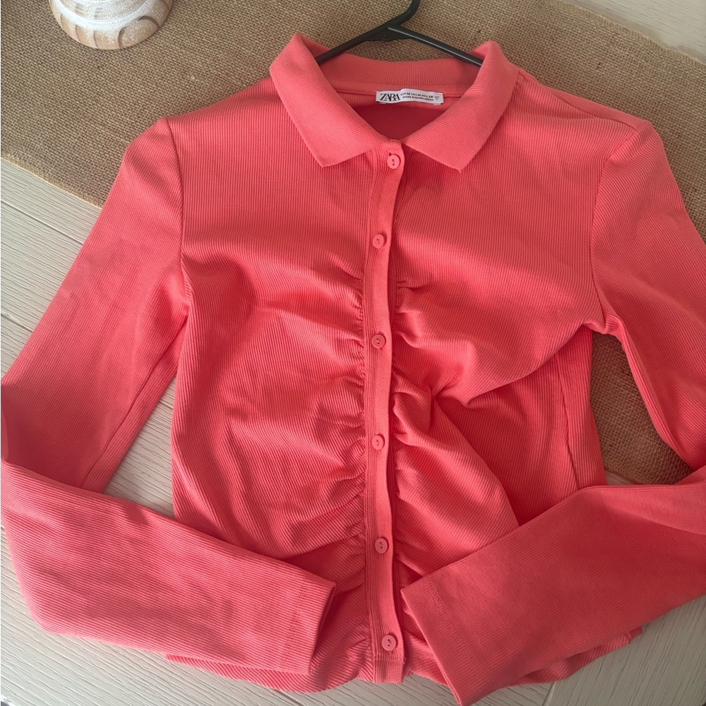 Zara Coral Button-Up Knit Top